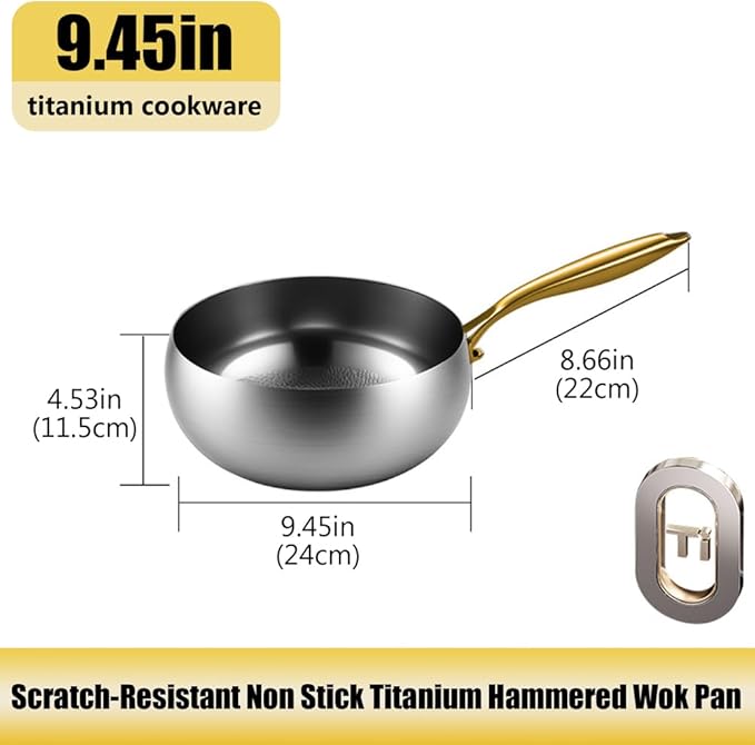 Titanium Hammered Pan with Lid, Thickened Multi-Layer Titanium Wok Pan, Scratch-Resistant Non Stick Stock Pot, Even Heating for Cooking,No lid,9.45IN
