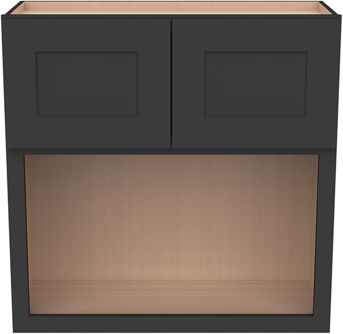 Solid Wood RTA Wall Microwave Cabinet with Open Shelves ??Shaker Style, Space-Saving Kitchen Pantry Storage, Durable and Versatile Wall-Mounted Organizer (SK-Charcoal Black, 30" W x 24" D x 36" H)
