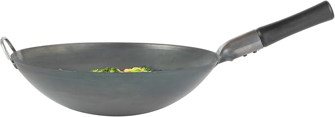 Restaurantware Carbon Steel Wok 1 Pack of 14 Inch Heavy-Duty Uniform Heat Distribution Pan Induction Compatible Round Bottom Wok Welded Handle Black For Gas Stovetops And Grills