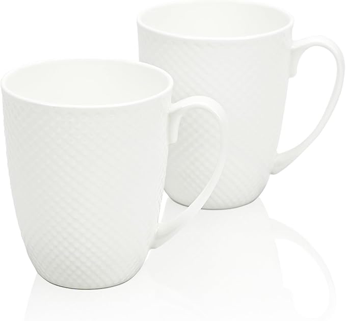 12 Oz White Coffee Mugs Set of 2, Fine Bone China Mugs, Ceramic Coffee Cups Set, Rhombus Relief Texture, Lightweight Tea Mugs for Latte, Hot Cocoa, Women, Men