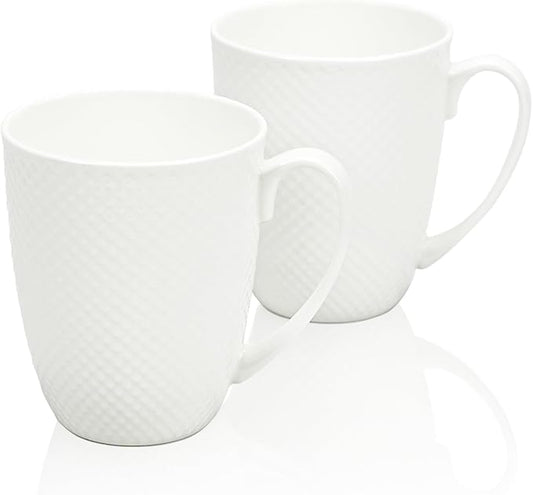 12 Oz White Coffee Mugs Set of 2, Fine Bone China Mugs, Ceramic Coffee Cups Set, Rhombus Relief Texture, Lightweight Tea Mugs for Latte, Hot Cocoa, Women, Men