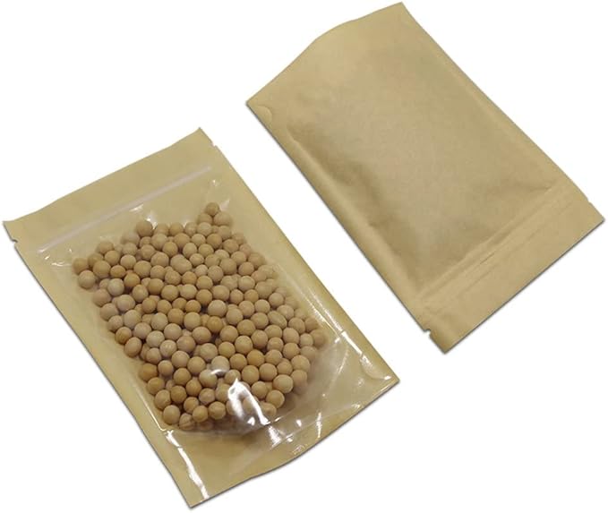 FERENLI 50 Pcs 3.9x5.9 inch (Inside Size 3.1x3.3) Clear Front Brown Kraft Paper for Zip Plastic Package Lock Bag Doypack Stand Up Pouch Reclosable Pouch Nuts Coffee Food Storage Packaging Pack