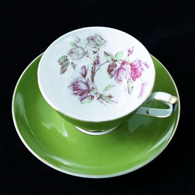 Aynsley Elizabeth Rose Fine Bone China Teacup and Saucer Set - 6.76oz Hand-Painted Gold-Trimmed Floral Vintage Set, Fancy Gift for Christmas/Wedding/New Year(Green)