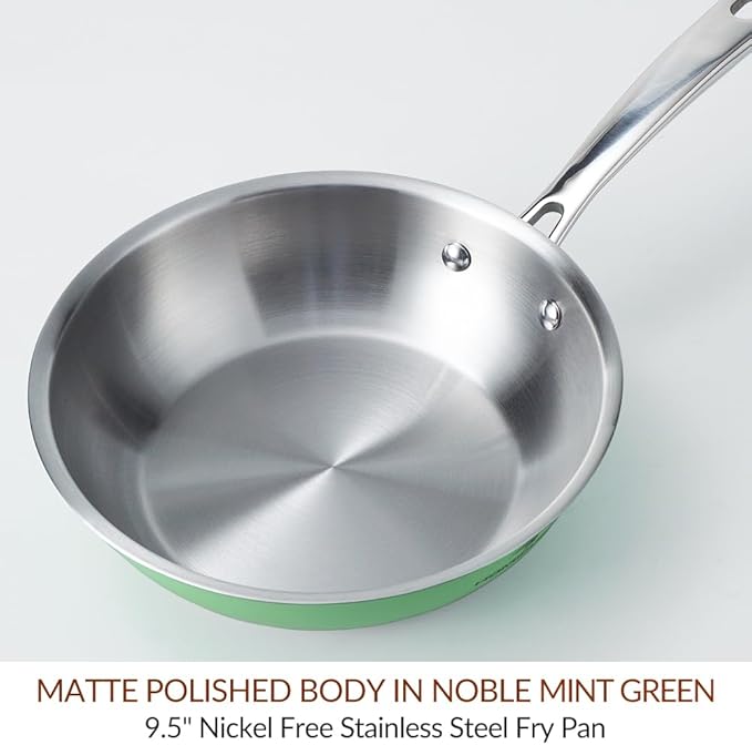 HOMICHEF 9.5 Inch Mint Green Nickel Free Stainless Steel Fry Pan - Non Toxic No Coating Flat Bottom Induction Skillet - Family Size Healthy Cooking Pan