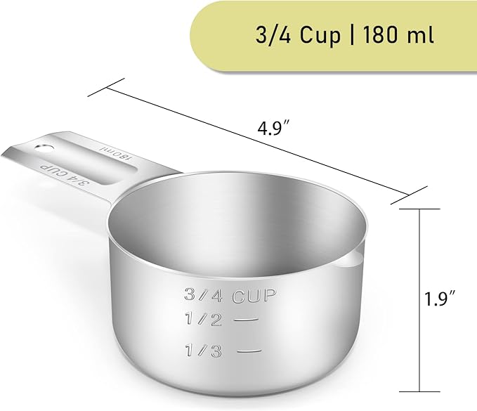 BERYLER 1PCS 3/4Cup (180ml, 6oz) Single Measuring Cup, Stainless Steel Measure Scoop, Metric and US Measurement, Dishwasher Safe