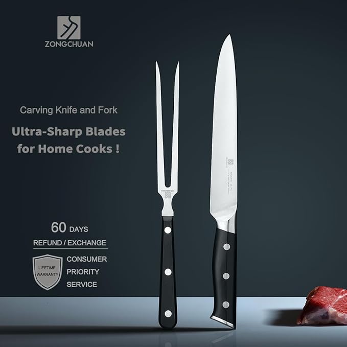8" Stainless Steel Carving Knife and 7" Fork Set, Professional BBQ Brisket Slicing Kit with Ergonomic Full Tang Handle, Premium Meat, Fruits & Vegetables Cutting Tools in Gift Box