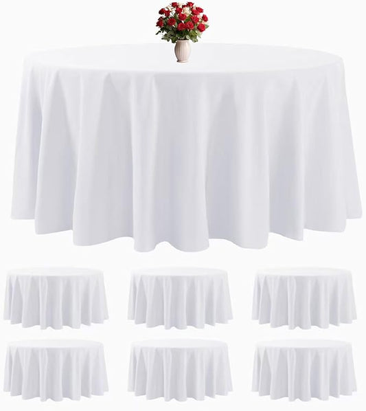 6 Pack White Round Tablecloths 120 Inches Table Cloth Stain and Wrinkle Resistant Washable Polyester Table Cover Fabric for Party, Wedding,Dining,and Banquet Decoration