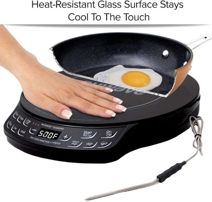 Nuwave Diamond Induction Cooktop, New & Improved Electric Burner with Probe, 91 Temps 50째F to 500째F, 6.5??Heating Coil, Shatter-Proof Ceramic Glass, 3 Wattage Settings, Ideal for Dorms, RVs & Apts
