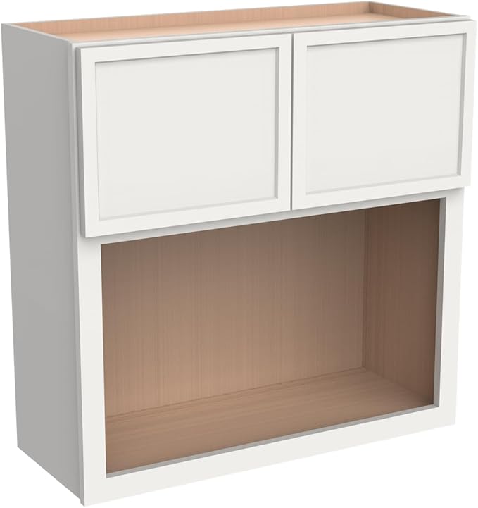 Solid Wood RTA Wall Microwave Open Shelves Cabinet Kitchen Pantry Storage Cabinet with 2 Doors - Microwave Stand - Newtown Origami White, 30'W24'D30'H