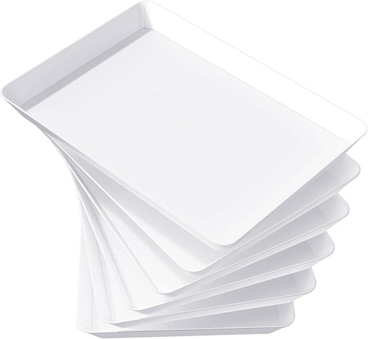 Lifewit Plastic Serving Tray for Party, 6 Pcs White Trays for Serving Food, Reusable Platters for Buffet, Fruit, Cookie, Charcuterie, Appetizer, Snack, Rectangle, New Year Party Supplies, BPA Free