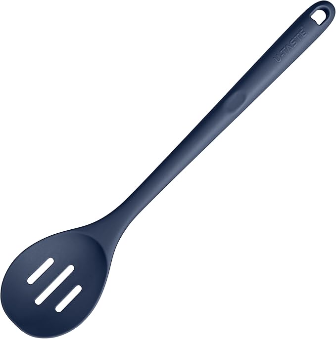 600쨘F Heat Resistant Silicone Spoon: U-Taste 13.3in Solid Kitchen Cooking Spoon, Nonstick Food Grade Large Soup Rubber Utensil for Mixing, Serving, Stirring, Basting, for Pot Cookware (Midnight Blue)