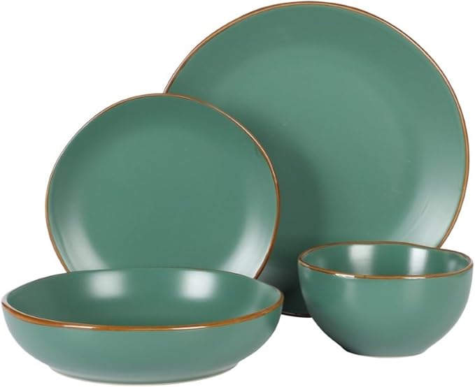 Gibson Home Hazeltine 16-Piece Green Stoneware Dinnerware Set ??Plates and Bowls, Durable Ceramic Kitchen Dinner Set