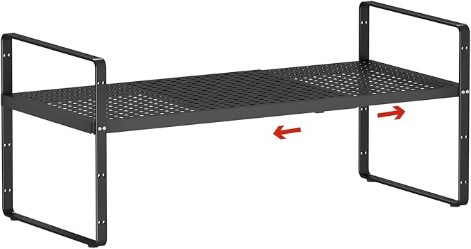 Expandable Cabinet Countertop Shelves 16.5-27?쇺셂, Adjustable Metal Spice Rack Organizer, Stackable Kitchen Counter Storage Shelves Organizers for Cabinet Organization, Black
