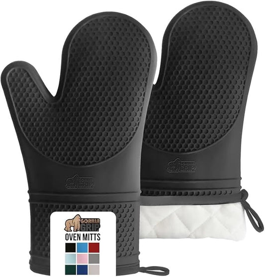 GORILLA GRIP BPA-Free Soft Silicone Oven Mitts, Heat Resistant and Waterproof Cooking Safety Gloves, Thick Cotton Lining, Flexible Gripping, Kitchen Potholders Set, for Grilling, BBQ, 12.5x8.3, Black