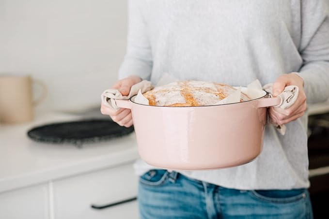 Milo by Kana 5.5-quart Enameled Cast Iron Dutch Oven with Lid | Premium Casserole Cooking Pot | Enamel Coating Inside and Out | Oven Safe and Dishwasher Friendly (Dusty Pink with Gold Knob)