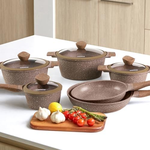 Pots and Pans set for cooking nonstick, 10Pcs, Durable Aluminum cookware set, PFOA-free, Kitchen pans set with glass lid, Induction safe, Taupe (10)