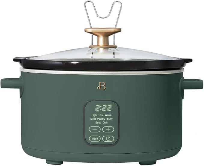 Beautiful 6 Quart Programmable Slow Cooker by Drew Barrymore ??Large Capacity, Ceramic Removable Pot, Tempered Glass Lid, Dishwasher Safe, Auto Keep Warm (Thyme Green)