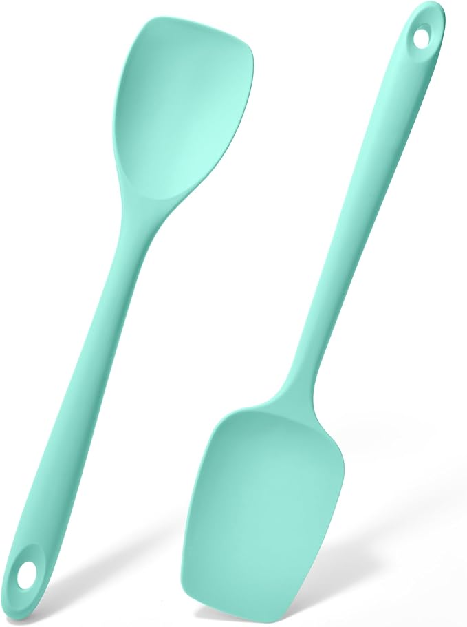 Doosu Silicone Spoon Spatula Set of 2, 600쨘F Heat-Resistant Food Grade Rubber Spoonula with Seamless Design, Non-Stick Dishwasher Safe Kitchen Utensils for Cooking, Baking, Mixing, Scraping (Aqua Sky)