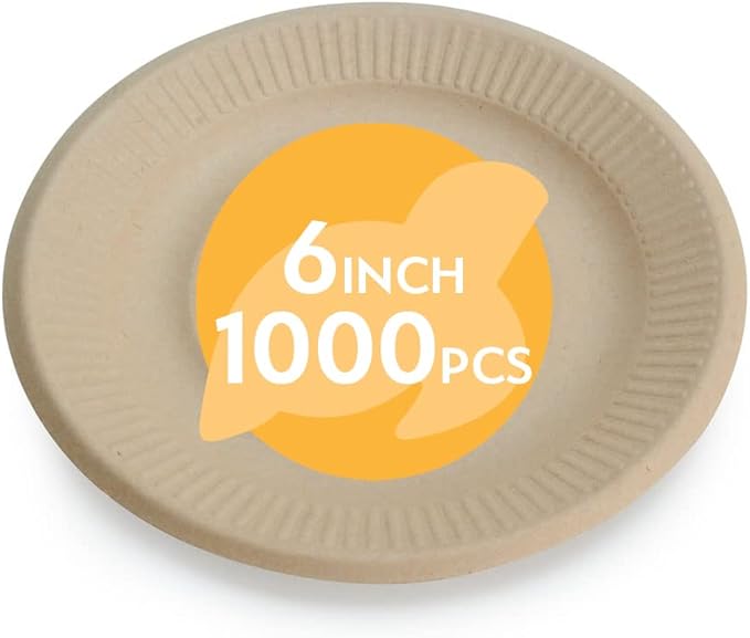 100% Compostable Disposable Paper Plates Bulk [6" 1000 Pack], Bamboo Plates, Eco Friendly, Biodegradable, Sturdy Small Dessert Party Plates, Heavy-Duty, Unbleached by Earth's Natural Alternative