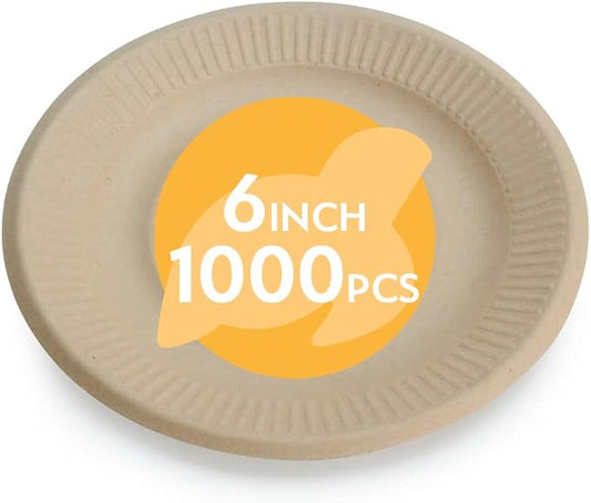 100% Compostable Disposable Paper Plates Bulk [6" 1000 Pack], Bamboo Plates, Eco Friendly, Biodegradable, Sturdy Small Dessert Party Plates, Heavy-Duty, Unbleached by Earth's Natural Alternative