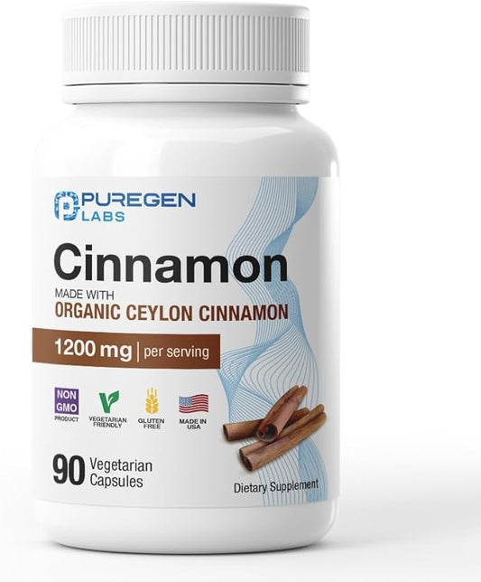 Puregen Labs Organic Cinnamon (Ceylon Cinnamon) 1,200mg Serving 90 Veggie Caps - No Harmful Additives | Non-GMO | Gluten-Free ??Made in USA