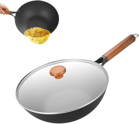 Titanium Pan with Lid, 2026 New Upgrade Uncoated Non Stick Titanium Iron Wok Pans for Cooking, Ultra-Durable, Scratch-Resistant, Even Heating Frying pans, Compatible With All Cooktops,12.6IN