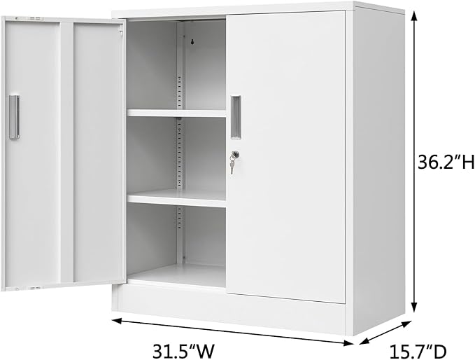 CJF Metal Storage Cabinets with Shelves and Doors, Steel Locking Cabinet for Home Office, Garage, Utility Room and Basement, 36.2" H x 31.5" W x 15.7" D (White)