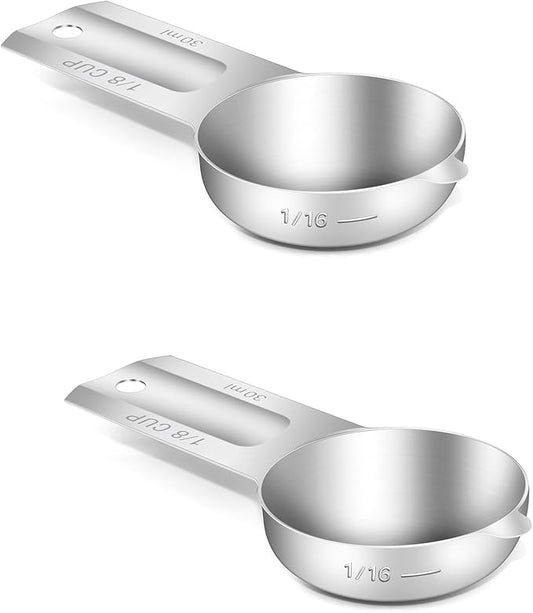 BERYLER 2PCS 1/8Cup (30ml, 1oz) Single Measuring Cup, Stainless Steel Measure Scoop, Metric and US Measurement, Dishwasher Safe