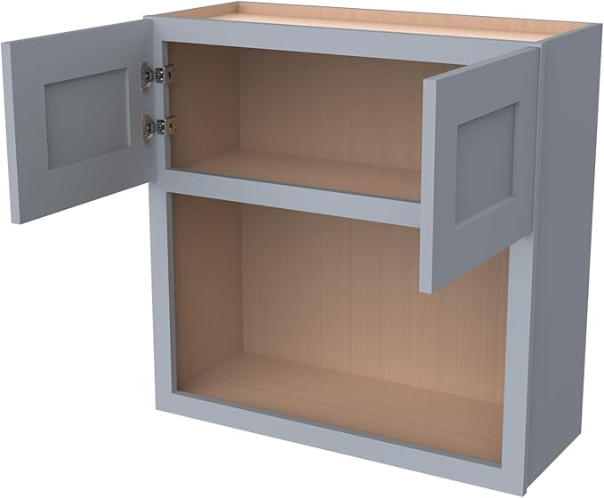 Solid Wood RTA Wall Microwave Cabinet with Open Shelves ??Shaker Style, Space-Saving Kitchen Pantry Storage, Durable and Versatile Wall-Mounted Organizer (SK-Grey, 30" W x 24" D x 30" H)