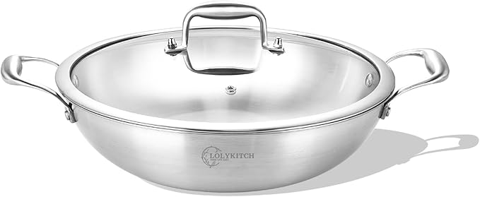 LOLYKITCH 11 Inch Tri-Ply Stainless Steel Wok Pan with Lid,Deep Frying Pan,Jumbo Cooker,Induction Wok,Suit for All Stoves,Dishwasher and Oven Safe.