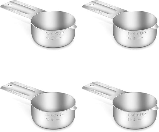 BERYLER 4PCS 1/4Cup (60ml, 2oz) Single Measuring Cup, Stainless Steel Measure Scoop, Metric and US Measurement, Dishwasher Safe