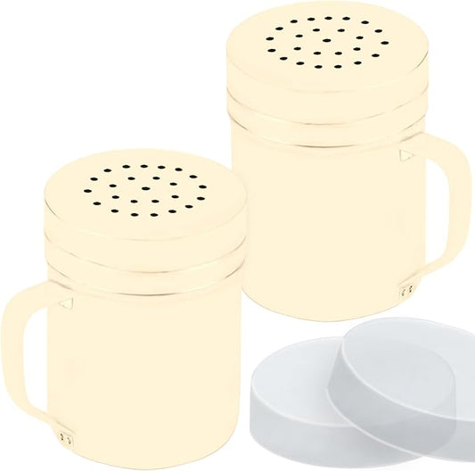 CUSINIUM 6oz Beige Stainless Steel Salt Pepper Dredge Shakers - With Plastic Cap - With Handle - Pack of 2