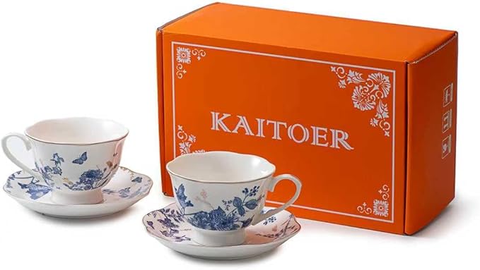 Tea Cup Set of 2, Coffee Cups with Saucers 7 Oz (200ml) Vintage Floral Porcelain with Gold Trim Teacups, Cappuccino Cup, Latte Mugs for Mother's Day, Party, Birthday Gifts