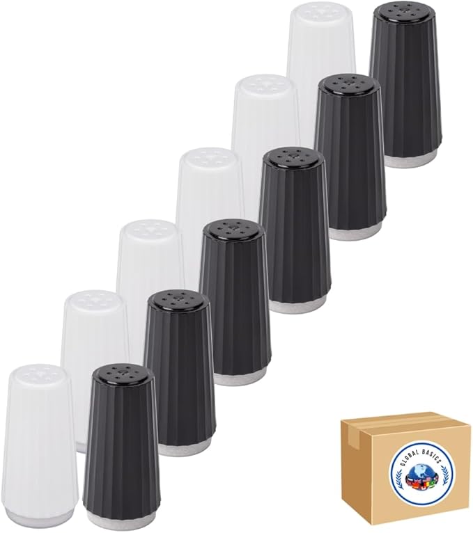 Disposable Plastic Salt and Pepper Shakers by Global Basics - Shaker Sets for Parties, Restaurants, Picnics, Cookouts - Prefilled Salt and Pepper Shakers with 4oz. Salt, 1.5oz. Pepper - 12-Pack