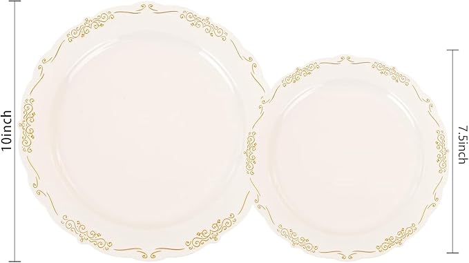 U-QE 100 PCS Ivory Plastic Plates with Gold Rim - Gold Plastic Plates for Party - Heavy Duty Plastic Plates Disposable Use Including 50 Dinner Plates 10 '' & 50 Dessert Plates 7.5 ''