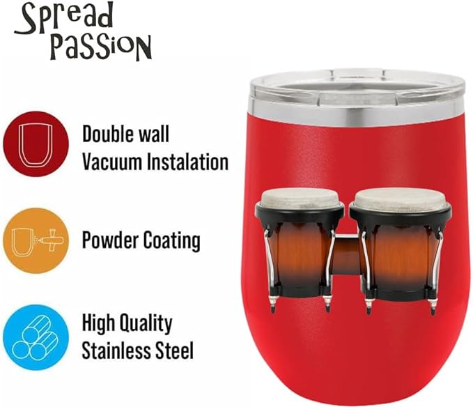 Bongos Wine Tumbler, Bongos Gift, 12oz Stainless Steel Wine Tumbler, Gifts For Him, For Her, For Boys, For Girls, Birthday, Christmas Gift idea (Red)