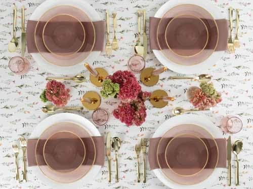 PLASTICPRO 64 Pieces Crystal Design Plastic Plates Combo Pack 32-7 inch and 32-10 inch with Gold Rim Elegant Disposable Plates, Rose Color with Gold Rim