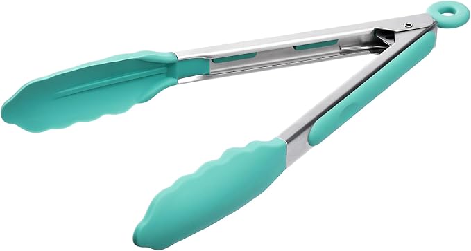 Doosu Kitchen Tongs for Cooking - 600째F Heat Resistant Food Tong with Non-Scratch Silicone Tips, Heavy Duty Stainless Steel Locking Tong for BBQ, Grilling Steak, Serving Salad, Pasta (9in, Aqua Sky)
