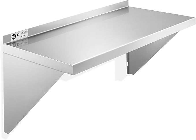 KUTLER Stainless Steel Shelf - 12" x 24", NSF Commercial Wall Mount Shelves with Backsplash, Floating Metal Shelving for Restaurant, Kitchen, Home
