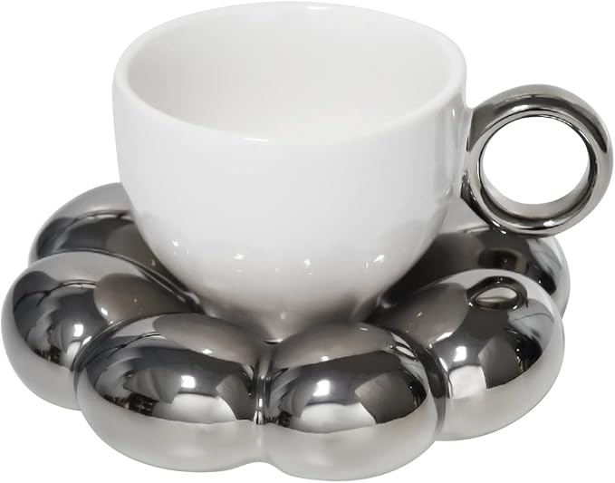 Koythin Ceramic Coffee Mug with Saucer Set, Creative Cute Cup with Sunflower Coaster for Office and Home, 6.5 oz/200 ml for Tea Latte Milk (Electroplating White and Silver)