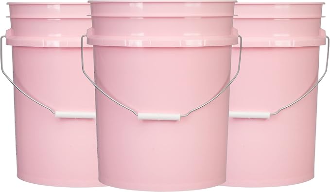 House Naturals 5 Gallon Pink Food Grade Plastic Storage Bucket with Lid Cover (Pack of 3) Made in USA (with White Screw On Air Tight Lids)