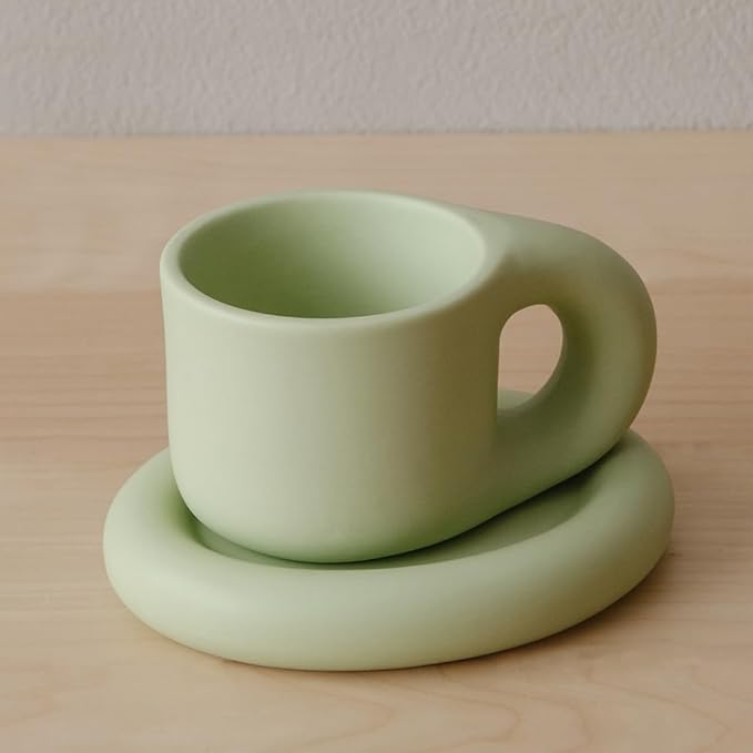 WENSHUO Chubby Funny Coffee Mug, Novelty Cute Cup and Saucer, Matte Cr챔me, 9 oz (Mint Green)