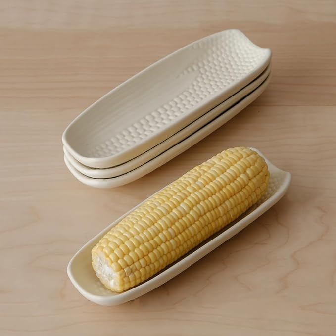 WENSHUO Ceramic Corn Cob Holders, Corn Dishes Set of 4, Microwave Safe, L9 * W3, Matte Cr챔me (Matte Cr챔me)