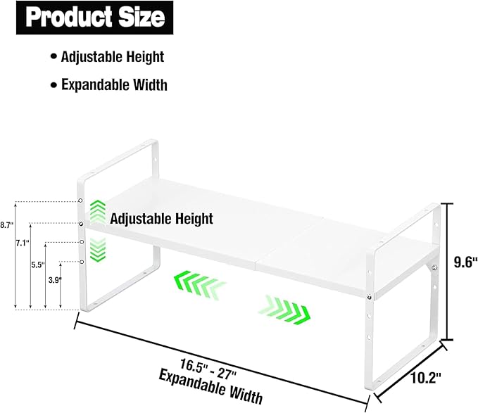 ?랤xpandable Kitchen Cabinet Storage Shelf, Stackable Metal Pantry Storage Shelves Organizer, Adjustable Height Counter Spice Rack for Kitchen Cabinet (White - 16.5"-27" L x 10.2" W x 9.6" H - 3Pack)