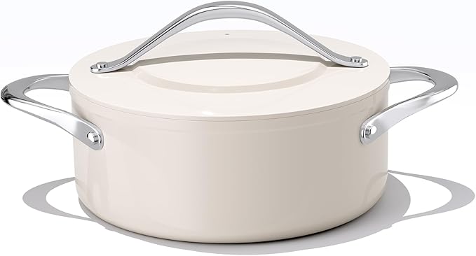 Low Stock Pot 4.5qt Dutch Oven Pot with Lid (9.5"x 4") Nonstick Ceramic Coated Non-Toxic PFAS-Free Even Heat Distribution for Braising, Baking Bread & Soups, Compatible for All Cooktops(Induction/Gas/Electric) Oven Safe to 500째F (Cream)