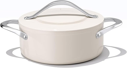 Low Stock Pot 4.5qt Dutch Oven Pot with Lid (9.5"x 4") Nonstick Ceramic Coated Non-Toxic PFAS-Free Even Heat Distribution for Braising, Baking Bread & Soups, Compatible for All Cooktops(Induction/Gas/Electric) Oven Safe to 500째F (Cream)