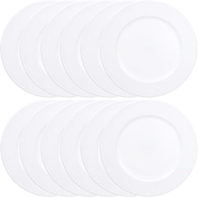 Set of 12 White Charger Plates with Beaded. 13" Reusable Plastic Table Chargers for Dinner Plates