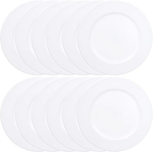 Set of 12 White Charger Plates with Beaded. 13" Reusable Plastic Table Chargers for Dinner Plates