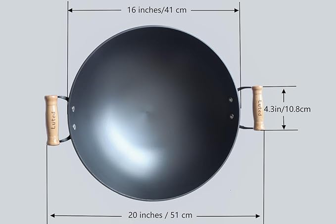 Chinese woks with a lid and a Spatula stir-fry pans deep fryer Cast Iron 16 Inches round bottom pot Uncoated for Open Fire not easy to rust not easy to stick and durable for about 1-8 people