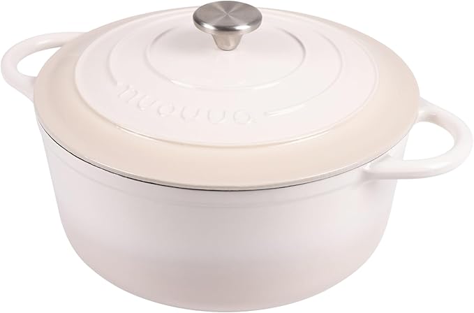 Nuovva Enamelled Cast Iron Dutch Oven Pot with Lid 6.4 Quart Non Stick Casserole Pot ??Heavy Duty & Oven Safe up to 500째 F for Bread Baking, Braising, Stews, Roasting ??28cm Oyster